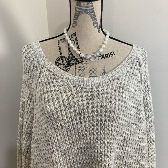 Women’s Cream Brown Round Neck Lace Up Crisscross on Sleeve Hem Knit Sweater - Picture 2 of 6